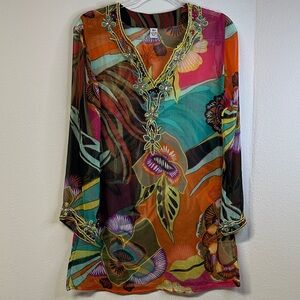 Raj 100% Silk Multicolored Embellished Sheer Kaftan Tunic Top Size XS